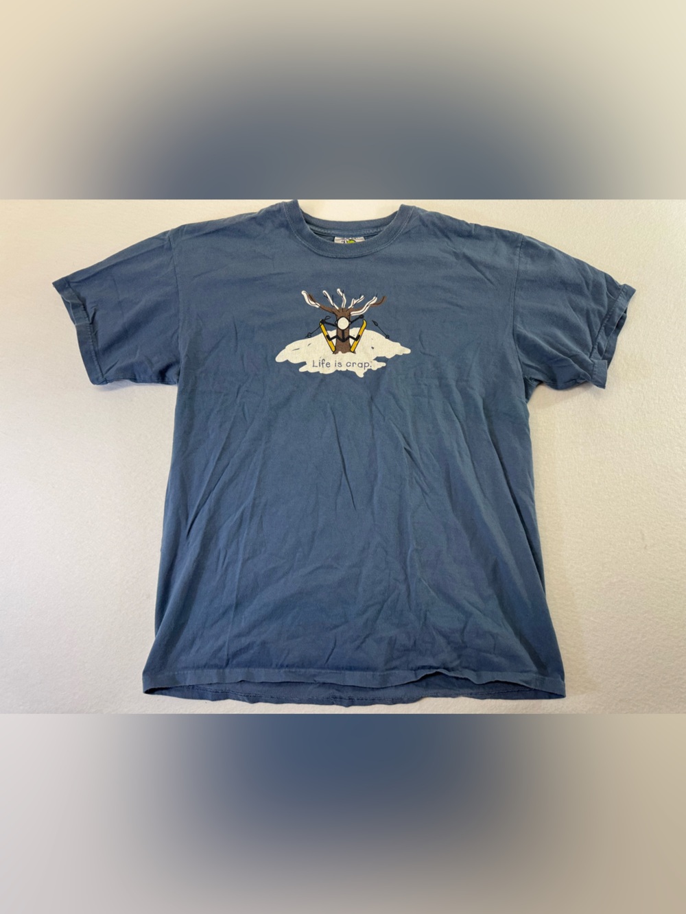 Blue Graphic blue Crewneck T-Shirt - Life Is Crap Design skier and tree men’s L